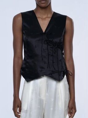 NWT KelLix Size S Valerie Wrap Vest Top Bird Print Bow Ties Silk Viscose Black